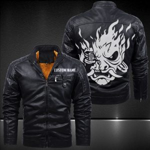 Zip Pocket Motorcycle Leather Jacket Samurai Mask Cyberpunk 2077 Motorcycle Leather Jacket, Plus Size