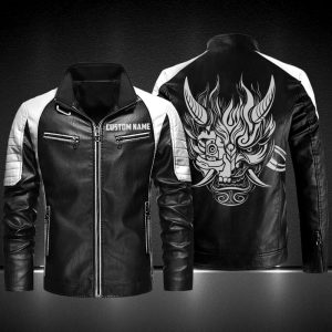 Personalized Leather Jacket Samurai Devil Mask Cyberpunk 2077 Motorcycle Leather Jacket, Plus Size