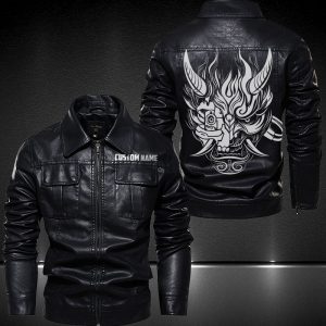 Personalized Lapel Leather Jacket Samurai Devil Mask Cyberpunk 2077 Motorcycle Leather Jacket, Plus Size