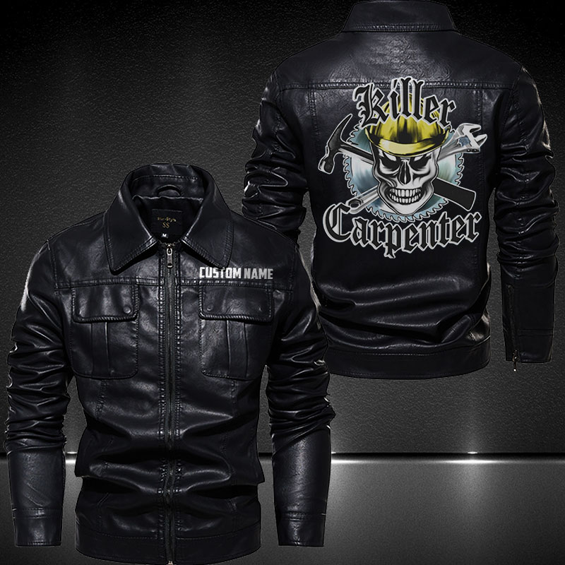 Personalized Lapel Leather Jacket Carpenter Skull – Vetigoti