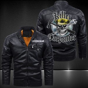 Zip Pocket Motorcycle Leather Jacket Carpenter Skull