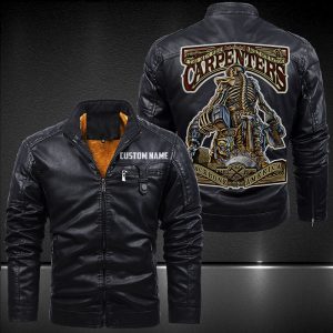 Zip Pocket Motorcycle Leather Jacket American Carpenter Skeleton