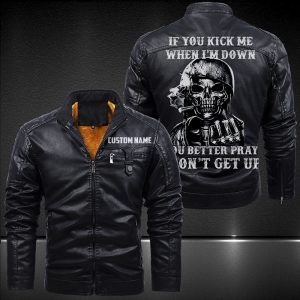 Zip Pocket Motorcycle Leather Jacket If You Kick Me When I'm Down You Better Pray I Don't Get Up US Army Skull Motorcycle