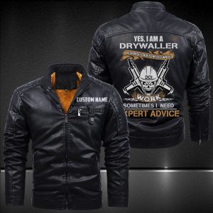 Zip Pocket Motorcycle Leather Jacket Yes, I'm A Drywaller Skull Motorcycle