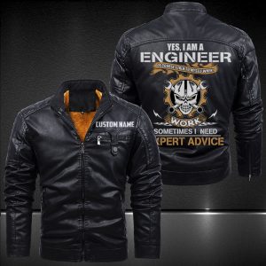 Zip Pocket Motorcycle Leather Jacket Yes, I'm An Engineer Skull Motorcycle