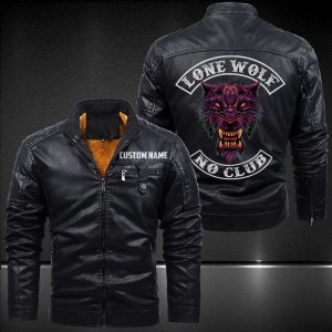 Zip Pocket Motorcycle Leather Jacket Lone Wolf No Club Motorcycle Rider