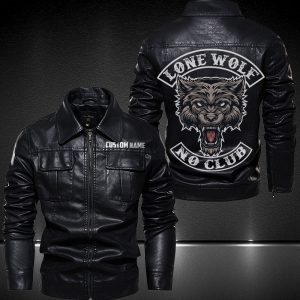 Personalized Lapel Leather Jacket Lone Wolf No Club Motorcycle Rider