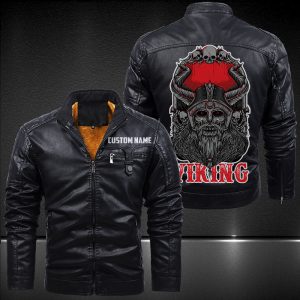 Zip Pocket Motorcycle Leather Jacket Viking Warrior Skull Motorcycle Rider