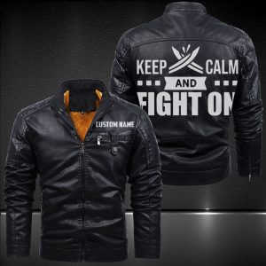 Zip Pocket Motorcycle Leather Jacket Keep Calm And Fight On Knight Motorcycle Rider