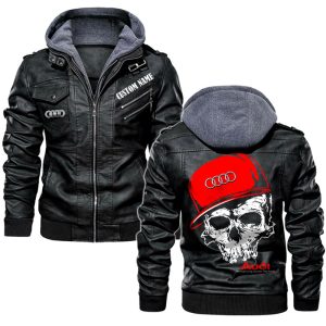 Custom Name Skull Design Audi-logo Leather Jacket, Warm Jacket, Winter Outer Wear