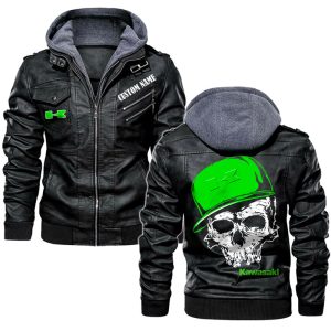 Custom Name Skull Design Kawasaki Leather Jacket, Warm Jacket, Winter Outer Wear