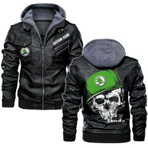 Custom Name Skull Design Skoda Leather Jacket, Warm Jacket, Winter Outer Wear