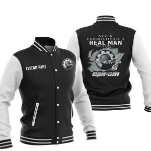 Never Underestimate A Real Man Who Loves Can Am motorcycles Varsity Jacket, Baseball Jacket, Warm Jacket, Winter Outer Wear