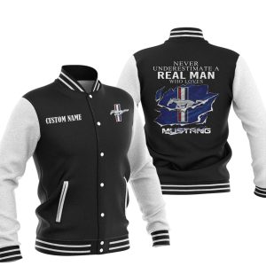 Never Underestimate A Real Man Who Loves Ford Mustang Varsity Jacket, Baseball Jacket, Warm Jacket, Winter Outer Wear
