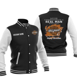 Never Underestimate A Real Man Who Loves Harley Davidson Varsity Jacket, Baseball Jacket, Warm Jacket, Winter Outer Wear