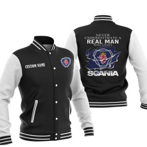 Never Underestimate A Real Man Who Loves Scania Varsity Jacket, Baseball Jacket, Warm Jacket, Winter Outer Wear