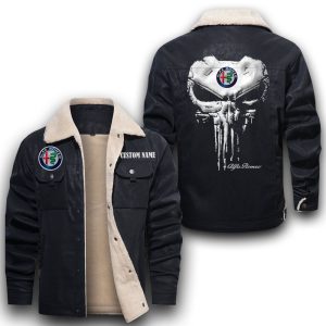 Custom Name Punisher Skull Alfa Romeo Leather Jacket With Velvet Inside, Winter Outer Wear For Men And Women
