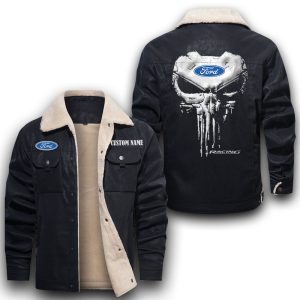 Custom Name Punisher Skull Ford Racing Leather Jacket With Velvet Inside, Winter Outer Wear For Men And Women