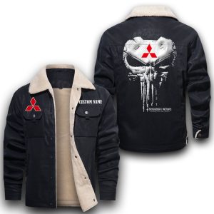 Custom Name Punisher Skull Mitsubishi Leather Jacket With Velvet Inside, Winter Outer Wear For Men And Women