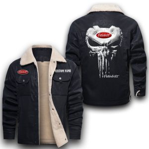 Custom Name Punisher Skull Peterbilt Leather Jacket With Velvet Inside, Winter Outer Wear For Men And Women