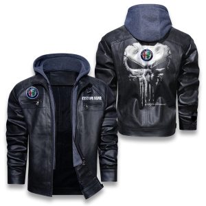Custom Name Punisher Skull Alfa Romeo Removable Hood Leather Jacket, Winter Outer Wear For Men And Women