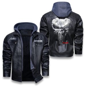 Custom Name Punisher Skull Audi-logo Removable Hood Leather Jacket, Winter Outer Wear For Men And Women