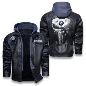 Custom Name Punisher Skull BMW Removable Hood Leather Jacket, Winter Outer Wear For Men And Women