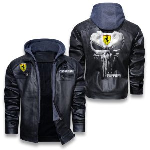 Custom Name Punisher Skull Ferrari Removable Hood Leather Jacket, Winter Outer Wear For Men And Women