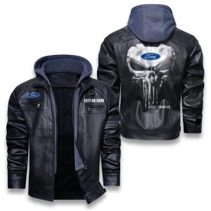Custom Name Punisher Skull Ford Removable Hood Leather Jacket, Winter Outer Wear For Men And Women