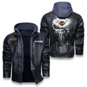 Custom Name Punisher Skull Harley Davidson Removable Hood Leather Jacket, Winter Outer Wear For Men And Women