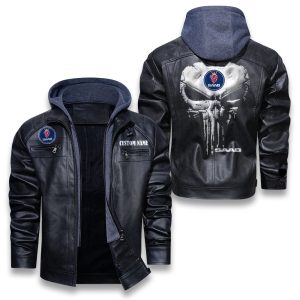 Custom Name Punisher Skull SAAB Removable Hood Leather Jacket, Winter Outer Wear For Men And Women