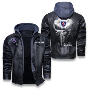 Custom Name Punisher Skull Scania Removable Hood Leather Jacket, Winter Outer Wear For Men And Women