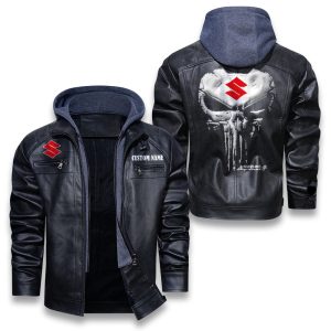 Custom Name Punisher Skull Suzuki Hayabusa Removable Hood Leather Jacket, Winter Outer Wear For Men And Women