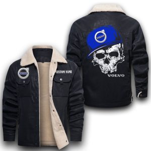 Custom Name Skull Design AB Volvo Leather Jacket With Velvet Inside, Winter Outer Wear For Men And Women