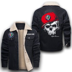 Custom Name Skull Design Alfa Romeo Leather Jacket With Velvet Inside, Winter Outer Wear For Men And Women
