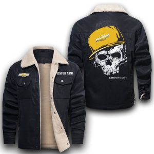 Custom Name Skull Design Chevrolet Leather Jacket With Velvet Inside, Winter Outer Wear For Men And Women