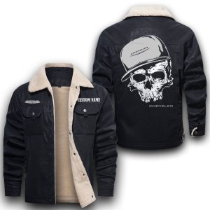 Custom Name Skull Design Chrysler Leather Jacket With Velvet Inside, Winter Outer Wear For Men And Women