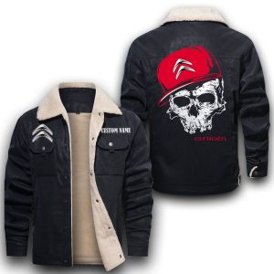 Custom Name Skull Design Citroen Leather Jacket With Velvet Inside, Winter Outer Wear For Men And Women