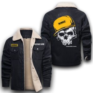 Custom Name Skull Design DeWalt Leather Jacket With Velvet Inside, Winter Outer Wear For Men And Women
