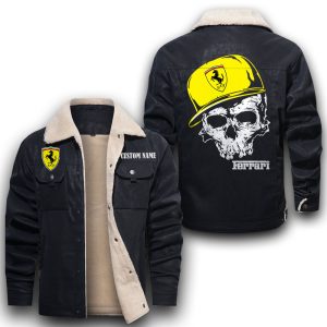 Custom Name Skull Design Ferrari Leather Jacket With Velvet Inside, Winter Outer Wear For Men And Women