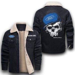 Custom Name Skull Design Ford Racing Leather Jacket With Velvet Inside, Winter Outer Wear For Men And Women