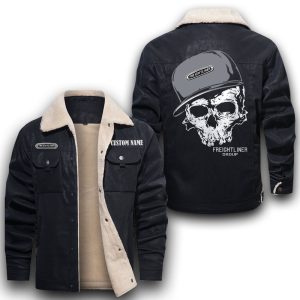 Custom Name Skull Design Freightliner Group Leather Jacket With Velvet Inside, Winter Outer Wear For Men And Women
