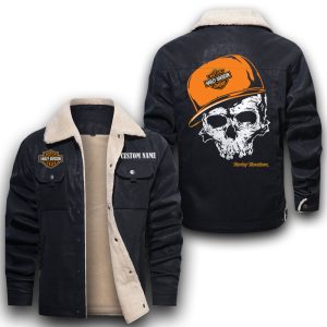 Custom Name Skull Design Harley Davidson Leather Jacket With Velvet Inside, Winter Outer Wear For Men And Women