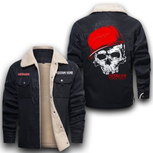 Custom Name Skull Design Hitachi Leather Jacket With Velvet Inside, Winter Outer Wear For Men And Women