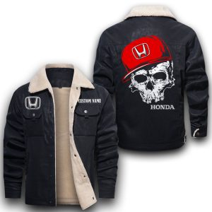 Custom Name Skull Design Honda Leather Jacket With Velvet Inside, Winter Outer Wear For Men And Women