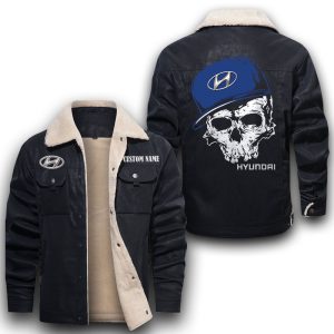 Custom Name Skull Design Hyundai Leather Jacket With Velvet Inside, Winter Outer Wear For Men And Women