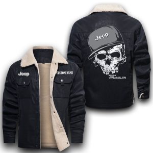 Custom Name Skull Design Jeep wrangler Leather Jacket With Velvet Inside, Winter Outer Wear For Men And Women