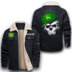 Custom Name Skull Design John Deere Leather Jacket With Velvet Inside, Winter Outer Wear For Men And Women