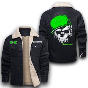Custom Name Skull Design Kawasaki Leather Jacket With Velvet Inside, Winter Outer Wear For Men And Women