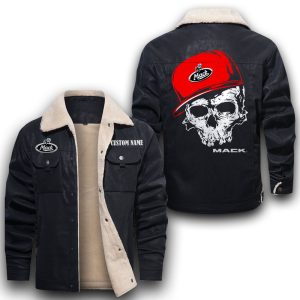 Custom Name Skull Design Mack Trucks Leather Jacket With Velvet Inside, Winter Outer Wear For Men And Women